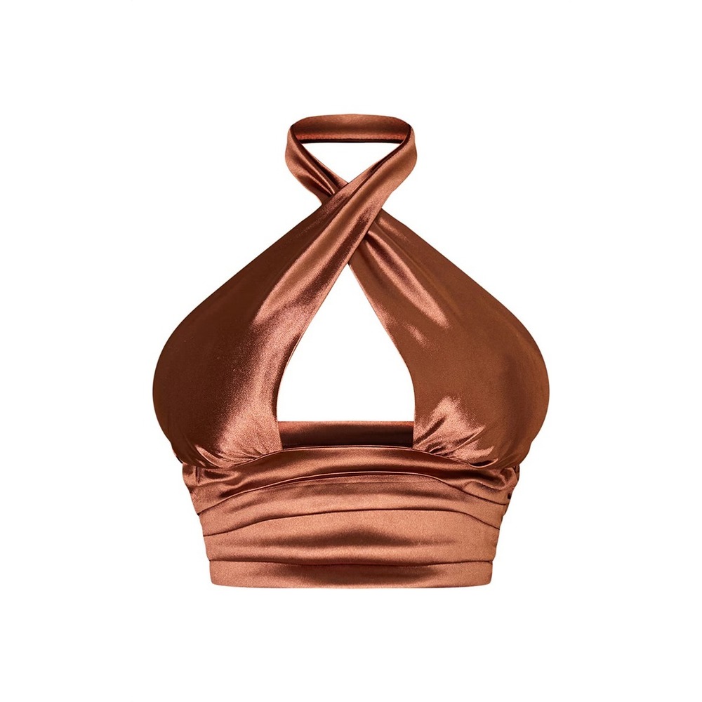 PrettyLittleThing Copper Satin Halter Crop Top